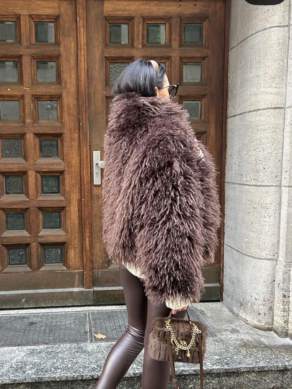 women burgundy faux fur jacket shaggy